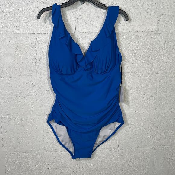 Dkny Women's Ruffle Tummy Control One-Piece Swimsuit Lapis blue 16 - Picture 1 of 14